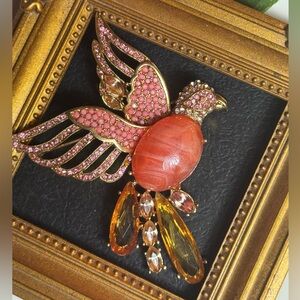 Vibrant Bird Brooch with Pink and Orange Accents